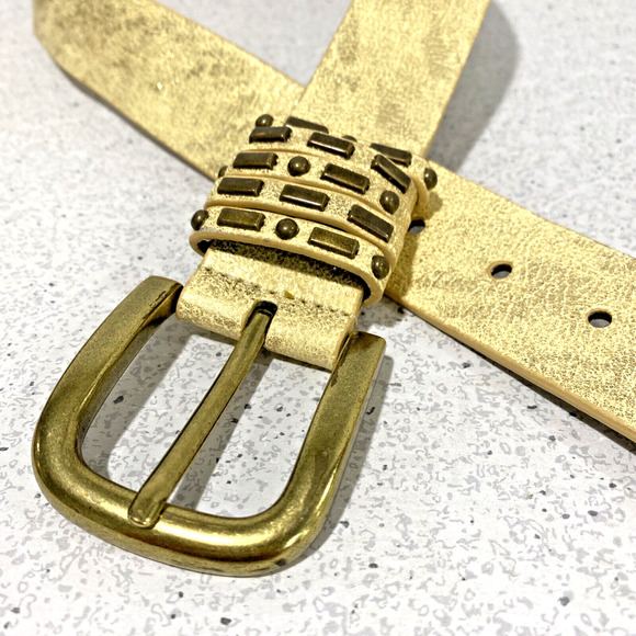 Calvin Klein Jeans Belt Size S Cream Leather Burnished Gold Metallic Buckle 90s - Picture 3 of 8